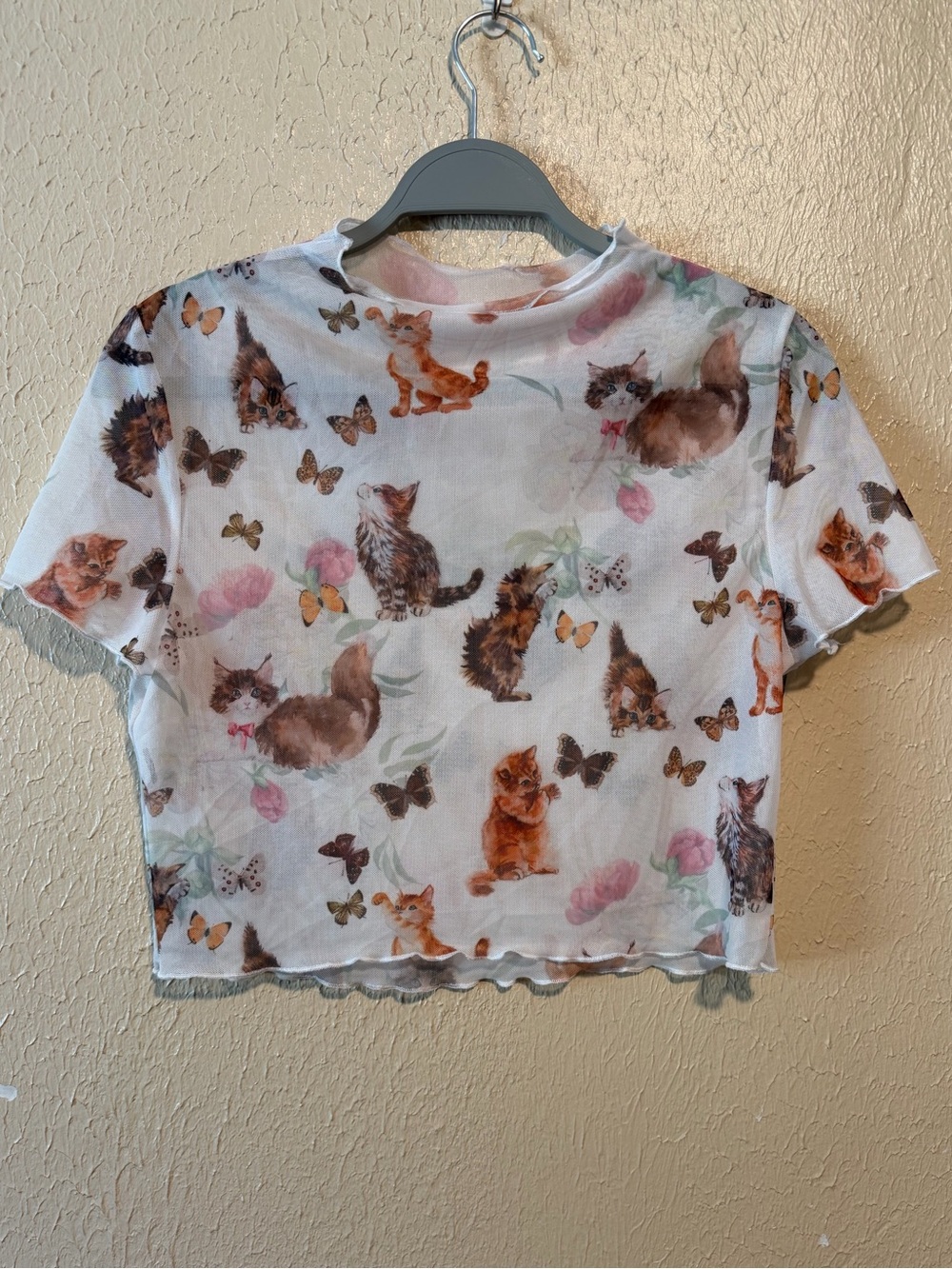 Kitten, Butterflies, and Floral Sheer Mesh Crop Top Size Small ADORABLE!!!